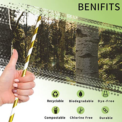 Gold and White Striped Paper Drinking Straws - 100 Count Disposable Party Cocktail Straws for Birthday Wedding Christmas Holiday - Variation of Gold White Striped