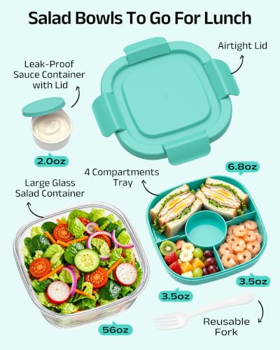 BiuLeon Green Glass Salad Container 56oz with Airtight Lid & 4-Compartment Tray