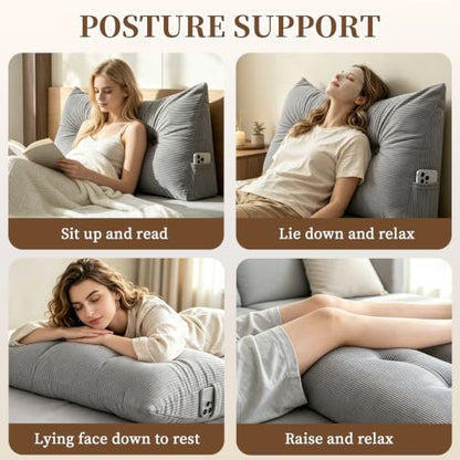 Twin Bed Backrest Pillow with Support & Side Pocket - Grey