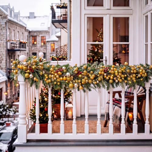 Gold Christmas Ball Garland with LED Lights - 9 ft Holiday Decoration - Variation: Gold