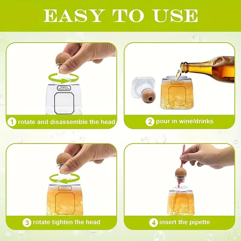 4 Pieces Transparent Plastic Wine Bottles with Cup Handle & Straw Set
