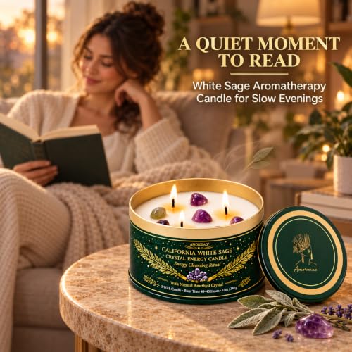 White Sage Candle with Crystals - 12 oz 3-Wick Soy Aromatherapy Candle - Variation: White Sage 1 Pack
