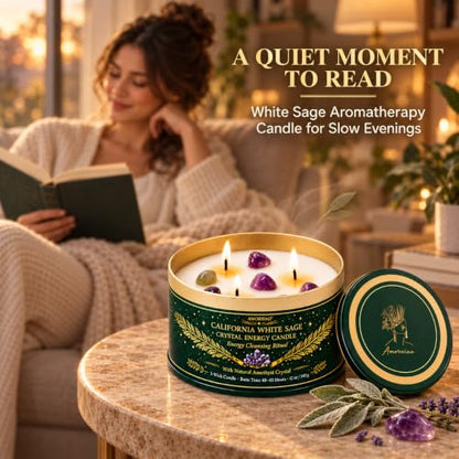 White Sage Candle with Crystals - 12 oz 3-Wick Soy Aromatherapy Candle - Variation: White Sage 1 Pack