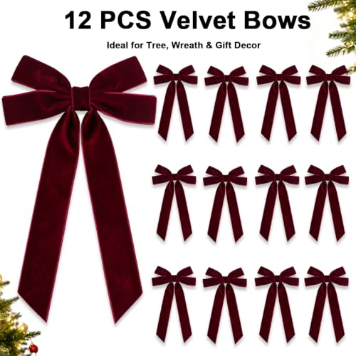 Burgundy Velvet Christmas Bow Set - Pre-Tied Holiday Tree Decorations, 12pcs