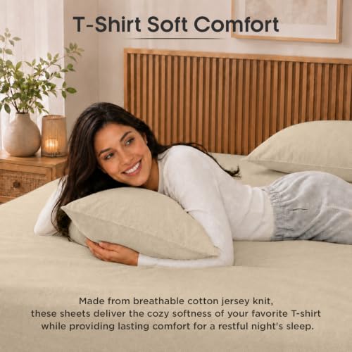 Queen Size Heathered Jersey Knit Cotton Sheet Set - Oatmeal | 4 Pieces