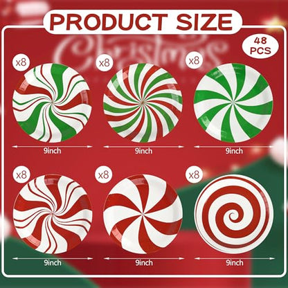 Christmas Candy Paper Plates 48 Count, 9 Inch Peppermint Swirl Party Dinnerware