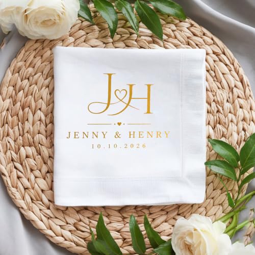 Personalized Wedding Cocktail Napkins - Style 5, Floral Wreath Design, 50 Pack