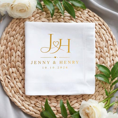 Personalized Wedding Cocktail Napkins - Style 5, Floral Wreath Design, 50 Pack