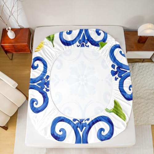 Blue Tile Lemon Full Bed Sheets Set - Bright Yellow Swirl Mandala Design