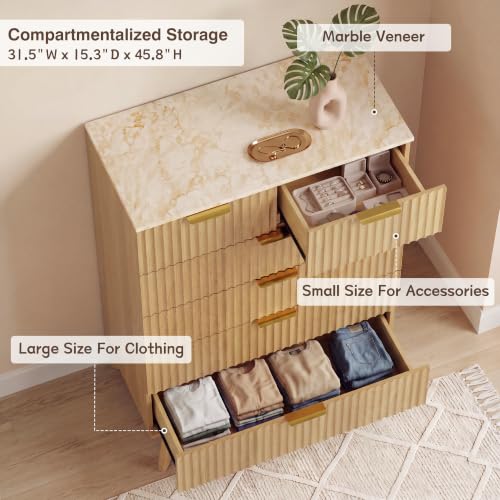 JUMMICO Fluted Tall Dresser - 6-Drawer Chest, 31.5" Wide, Natural
