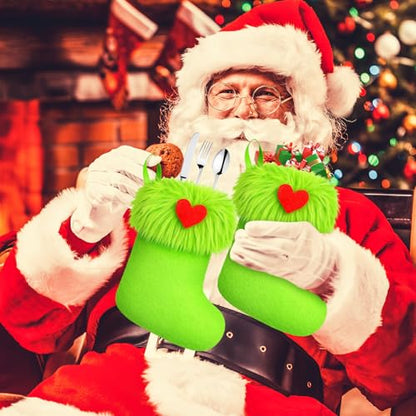 24 Pcs Mini Christmas Stockings - Green Faux Fur Holiday Decor, 6 Inch