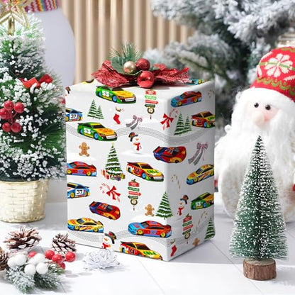 Race Car Christmas Wrapping Paper - White with Holiday Cars & Snowflakes - 4 Sheets, 28x40 Inches - Variation: White