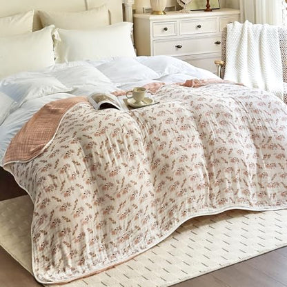 Cotton Muslin Blanket for Adults King 6-Layer Floral Gauze Bed Cover - 90 x 104 inches