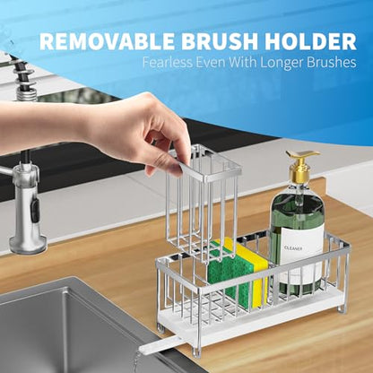 Cisily Sponge Holder for Kitchen Sink, Stainless Steel Silver Sink Caddy with High Brush Holder, Organzier Rustproof Dish Organizer, Soap Dispenser Storage, Kitchen Accessories for Organization