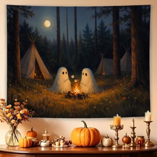 Ghost Camping Tapestry - Moonlit Forest Halloween Wall Decor 50x60in - Camping Variation