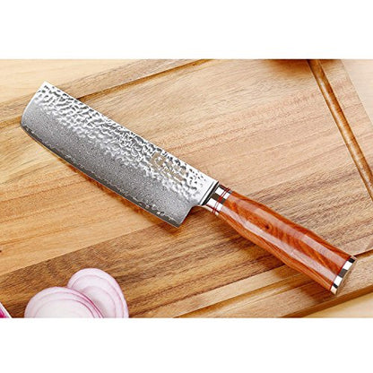 6.5 Inch Nakiri Knife - Hammered Damascus Steel Blade with Bloodwood Handle