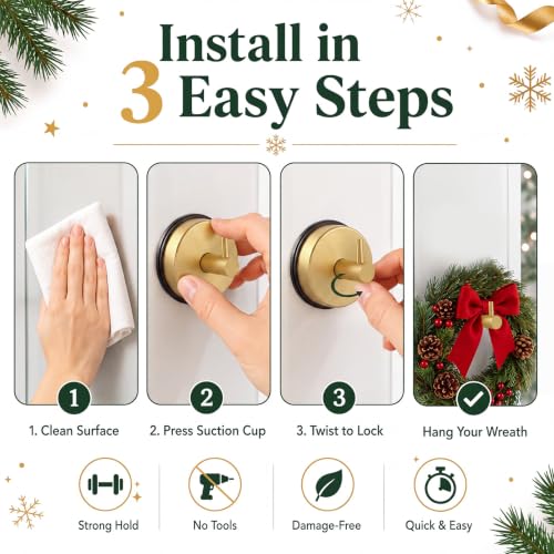 2 Pack Gold Suction Cup Wreath Hooks for Glass Doors - Heavy Duty Support