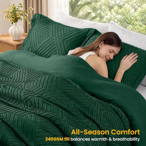 Emerald Green King Size Comforter Set - Boho Tufted Microfiber Bedding, 3-Piece