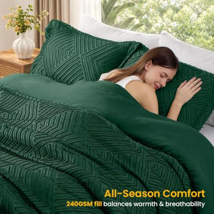 Emerald Green King Size Comforter Set - Boho Tufted Microfiber Bedding, 3-Piece