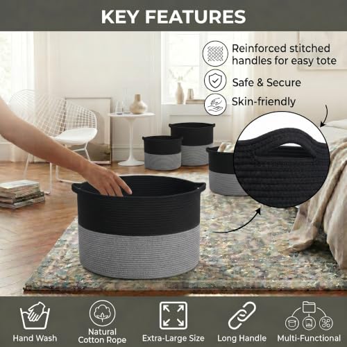 Extra Large Cotton Rope Storage Basket 90L with Handles for Home Organization