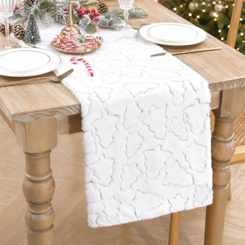 Silver Sequin Tree Christmas Table Runner Faux Fur 13x72 Inch - Holiday Decor