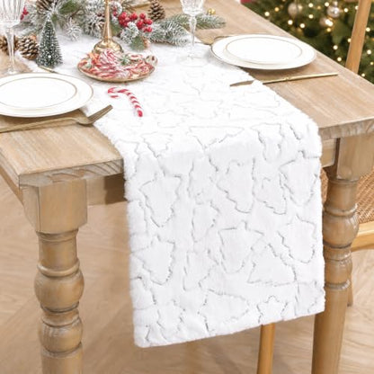 Silver Sequin Tree Christmas Table Runner Faux Fur 13x72 Inch - Holiday Decor