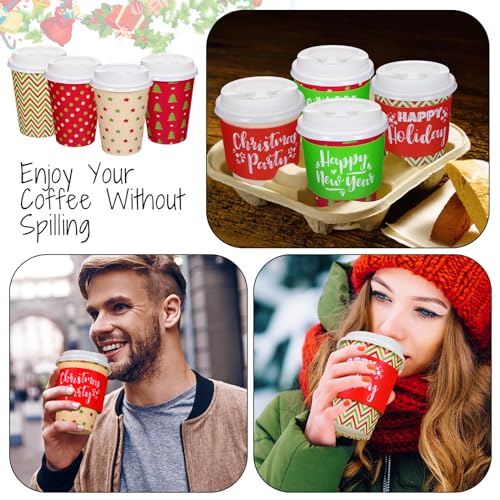 Zhehao 160 Sets/ 480 Pcs Disposable Coffee Cups Christmas Paper Cups with Lids and Sleeves for Cold Drink Tea Hot Cocoa Chocolate Holiday Xmas Party Supplies, 4 Designs (Pretty Style, 16 oz)