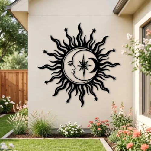 White Sun Moon Stars Metal Wall Art - 31x31in Celestial Wall Decor