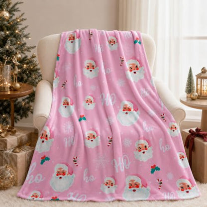 Pink Santa Claus Christmas Throw Blanket 50x60 Inch Cozy Flannel