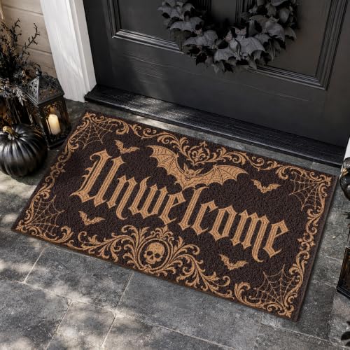 Halloween Front Door Mat Gothic Bat Skull Doormat with Unwelcome Design - Bat Variation
