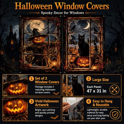 Halloween Window Cover 2PCS Pumpkin Cat Decorations Spooky Home Decor