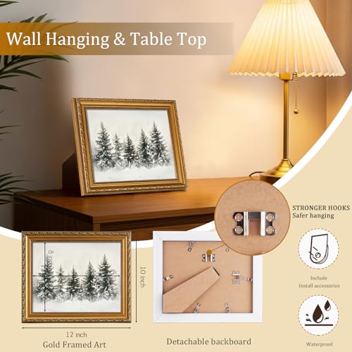 Christmas Tree Wall Art Canvas Print with Gold Frame - Rustic Winter Pine Forest, 8x10 Inch, Variation: Christmas Trees 17/10"L x 8"W