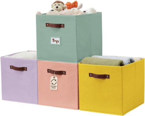 DECOMOMO Storage Baskets - 13x15x13 Cube Bins with Labels for Organized Shelves | 4-Pack, Rainbow