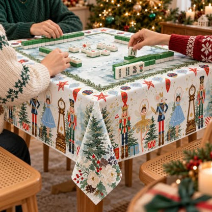 55 Inch Christmas Mahjong Tablecloth with Watercolor Nutcracker Design