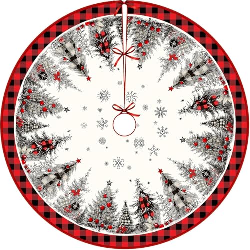 Christmas Tree Skirt 48 Inches Snowflake Rustic Plush Holiday Decor - Red