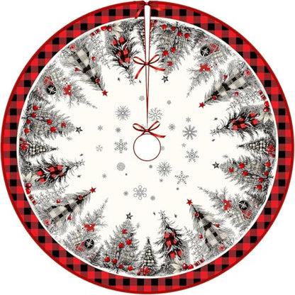 Christmas Tree Skirt 48 Inches Snowflake Rustic Plush Holiday Decor - Red