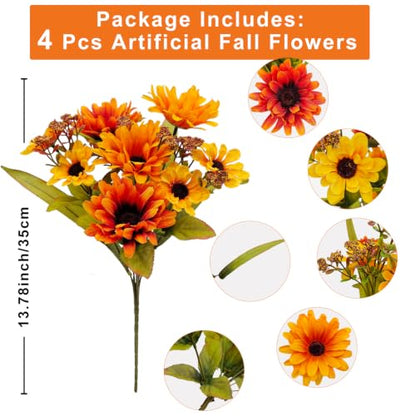 Artificial Fall Flowers for Decoration - Orange Faux Mums, 4 Bundles Outdoor