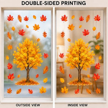 Large Fall Maple Tree Window Clings - 8 Sheets Autumn Thanksgiving Decor - Reusable Static Stickers