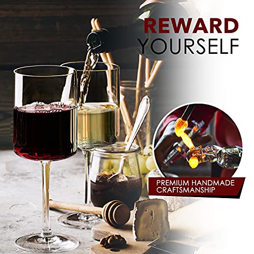 Square Wine Glasses Set of 6 - Hand Blown Crystal, 11.4oz, Elegant Gift
