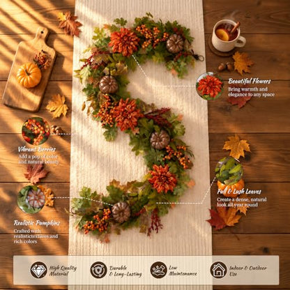 Fall Garland for Mantle 6FT Pumpkin Maple Leaves Autumn Decor - Fall
