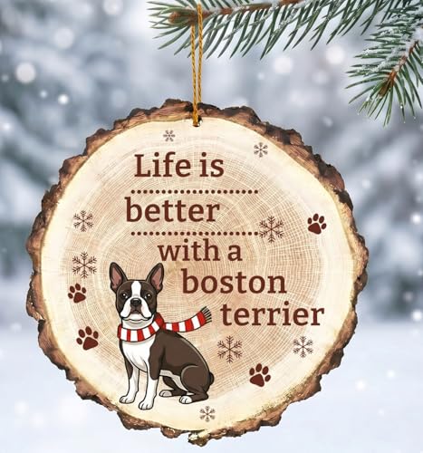 Dog Christmas Ornament - Wooden Boston Terrier Holiday Decor for Tree