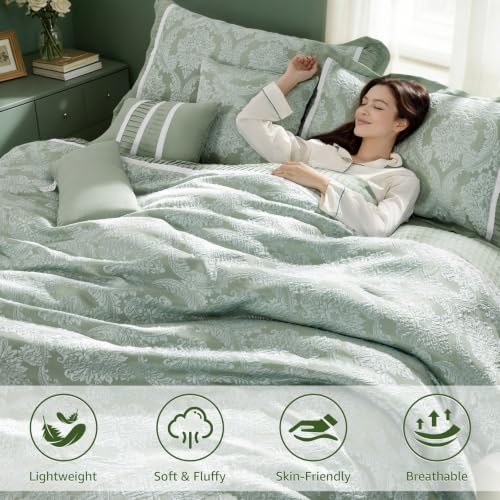 King Size Comforter Set 7 Piece Jacquard Damask Bedding in Sage Green