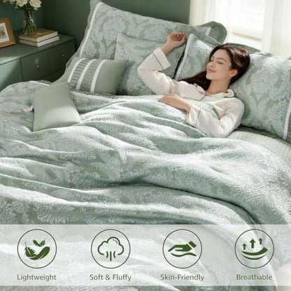 King Size Comforter Set 7 Piece Jacquard Damask Bedding in Sage Green