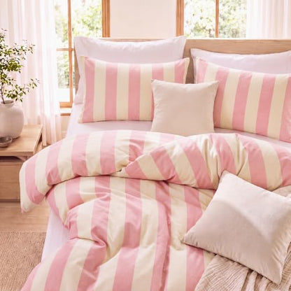 Pink Striped Comforter Set Queen - Blush Wide Stripe 100% Cotton, Cabana Style
