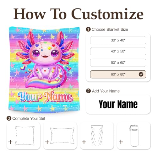 Custom Axolotl Blanket for Girls Kids Violet - Personalized Cozy Throw for Bed Sofa Travel