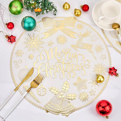 Christmas Placemats Set of 6 - Gold Merry Christmas Round Vinyl Easy Clean 15 Inch