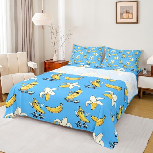 Queen Size Fitted Sheet Set with Flat Sheet and Pillowcases - Blue Yellow Banana Design