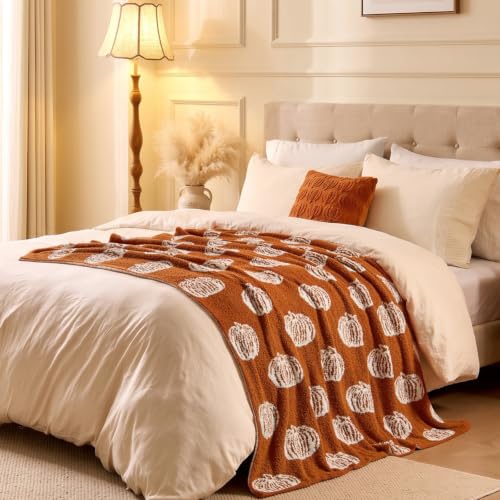 Pumpkin Fall Throw Blanket - Burnt Orange 50x60 with White Pumpkins - Seasonal Decor & Gift