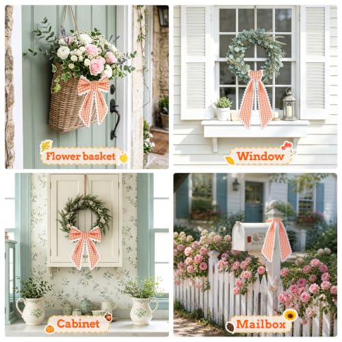 Orange and White Plaid Wreath Sash with Trim - Front Door Decor (Variation: Orange & White)