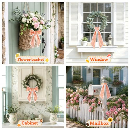 Orange and White Plaid Wreath Sash with Trim - Front Door Decor (Variation: Orange & White)